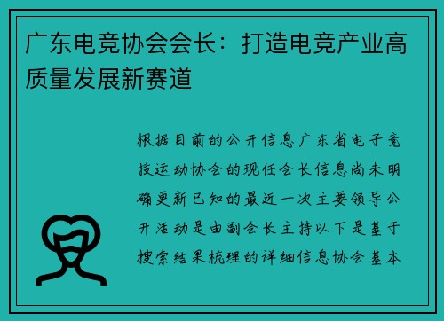 广东电竞协会会长：打造电竞产业高质量发展新赛道